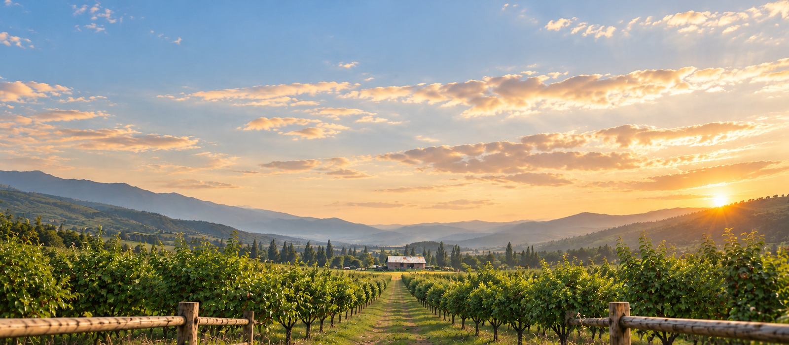 Sunset over orchard rows, a central path and distant mountains