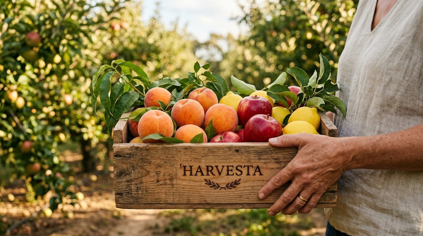 Harvesta artisan wooden fruit crate in orchard